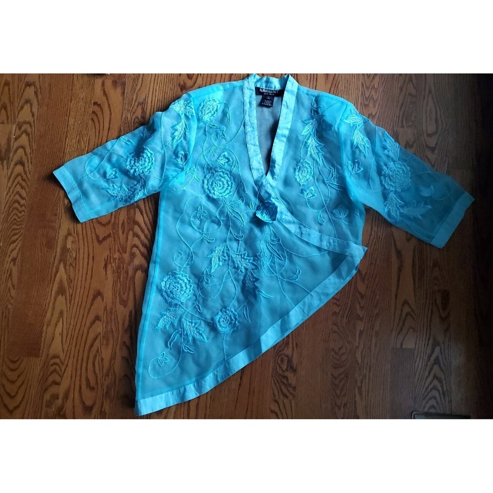 Harmony New York Aqua Blue Sheer Floral Embroidered Kimono Style Top Size 12